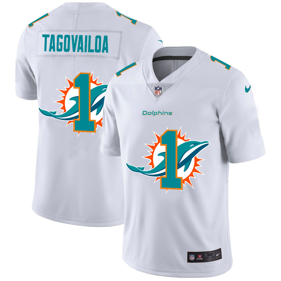Miami Dolphins #1 Tua Tagovailoa White Men's Nike Team Logo Dual Overlap Limited NFL Jersey