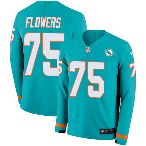Nike Dolphins #75 Ereck Flowers Aqua Green Team Color Men's Stitched NFL Limited Therma Long Sleeve Jersey