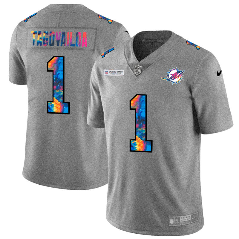 Miami Dolphins #1 Tua Tagovailoa Men's Nike Multi-Color 2020 NFL Crucial Catch NFL Jersey Greyheather