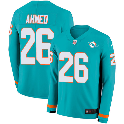 Nike Dolphins #26 Salvon Ahmed Aqua Green Team Color Men's Stitched NFL Limited Therma Long Sleeve Jersey Nike Dolphins #26 Salvon Ahmed Aqua Green Team Color Men's Stitched NFL Limited Therma Long Sleeve Jersey