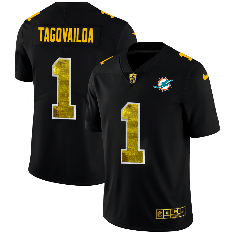 Miami Dolphins #1 Tua Tagovailoa Men's Black Nike Golden Sequin Vapor Limited NFL Jersey