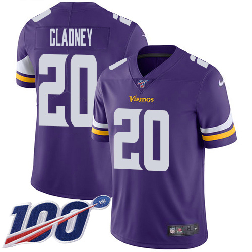 Nike Vikings #20 Jeff Gladney Purple Team Color Men's Stitched NFL 100th Season Vapor Untouchable Limited Jersey