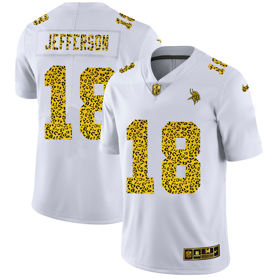 Minnesota Vikings #18 Justin Jefferson Men's Nike Flocked Leopard Print Vapor Limited NFL Jersey White
