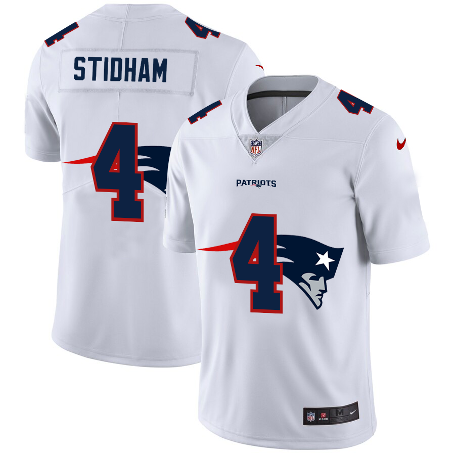 New England Patriots #4 Jarrett Stidham White Men's Nike Team Logo Dual Overlap Limited NFL Jersey