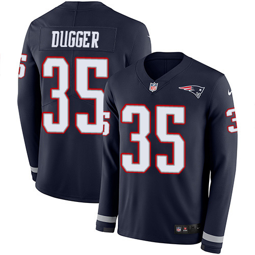 Nike Patriots #35 Kyle Dugger Navy Blue Team Color Men's Stitched NFL Limited Therma Long Sleeve Jersey