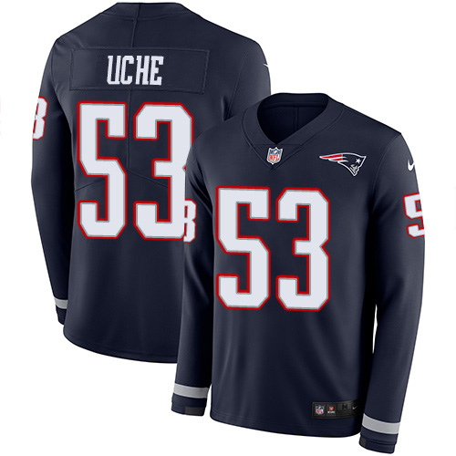 Nike Patriots #53 Josh Uche Navy Blue Team Color Men's Stitched NFL Limited Therma Long Sleeve Jersey