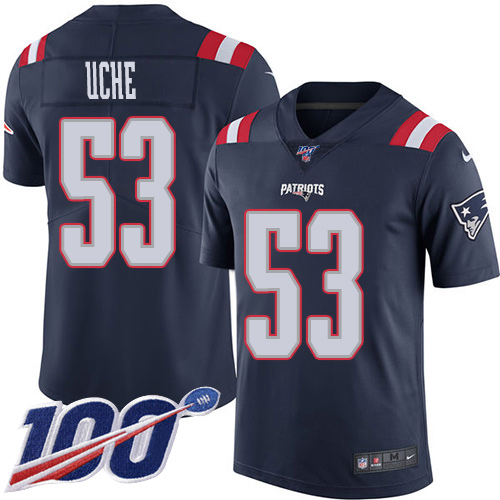 Nike Patriots #53 Josh Uche Navy Blue Men's Stitched NFL Limited Rush 100th Season Jersey