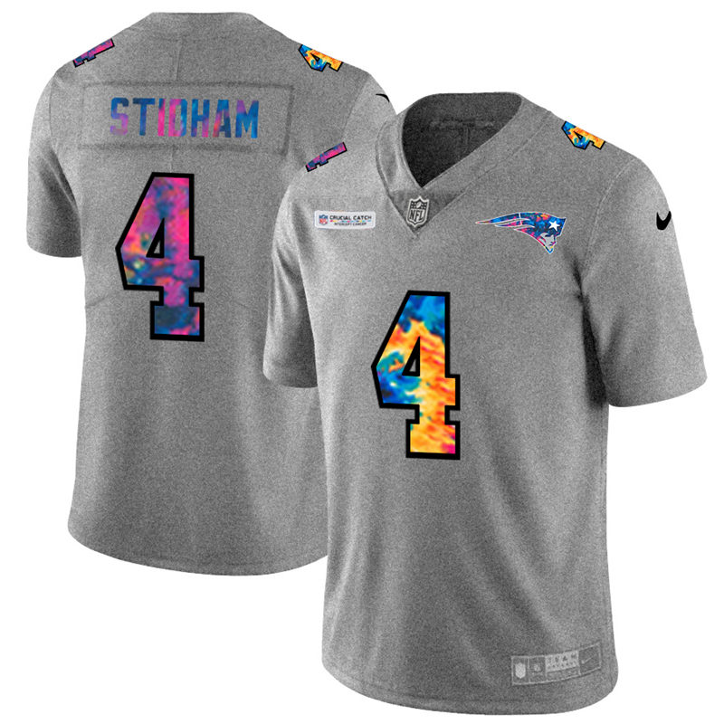 New England Patriots #4 Jarrett Stidham Men's Nike Multi-Color 2020 NFL Crucial Catch NFL Jersey Greyheather