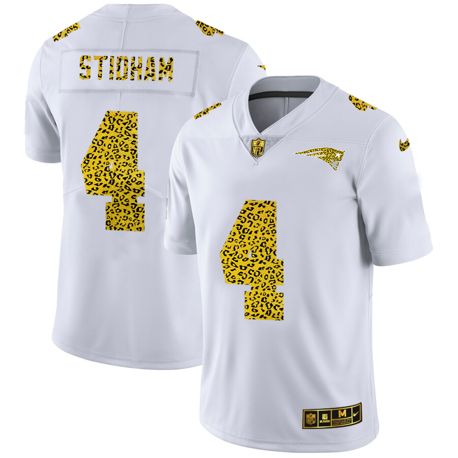 New England Patriots #4 Jarrett Stidham Men's Nike Flocked Leopard Print Vapor Limited NFL Jersey White