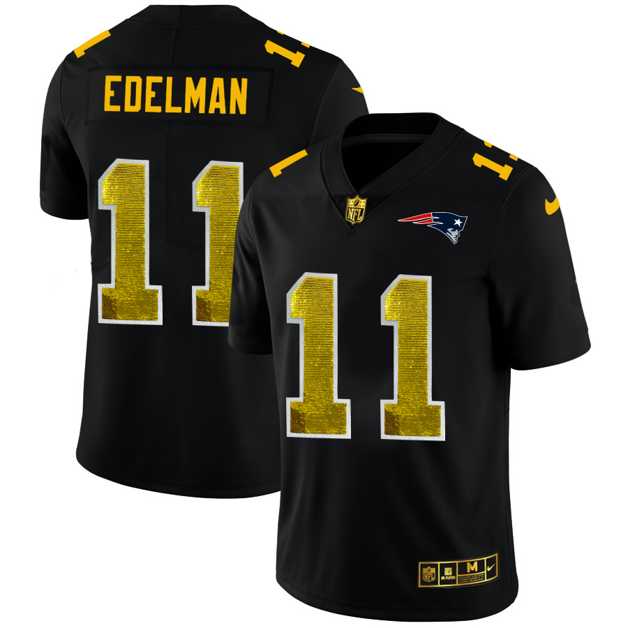 New England Patriots #11 Julian Edelman Men's Black Nike Golden Sequin Vapor Limited NFL Jersey