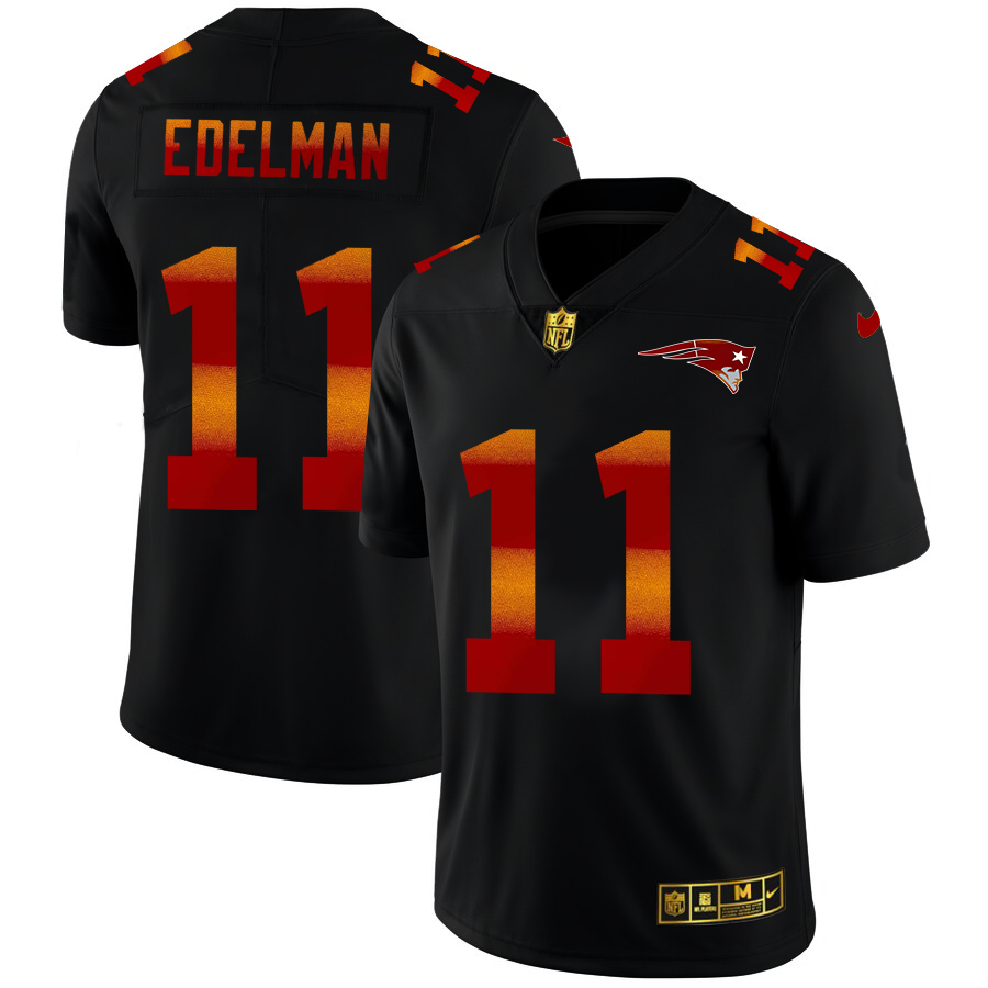 New England Patriots #11 Julian Edelman Men's Black Nike Red Orange Stripe Vapor Limited NFL Jersey