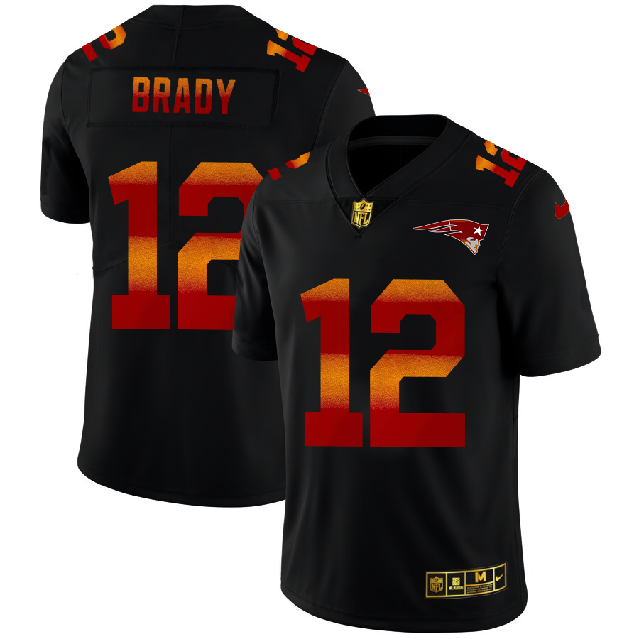 New England Patriots #12 Tom Brady Men's Black Nike Red Orange Stripe Vapor Limited NFL Jersey