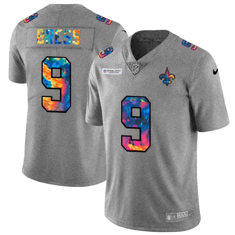 New Orleans Saints #9 Drew Brees Men's Nike Multi-Color 2020 NFL Crucial Catch NFL Jersey Greyheather