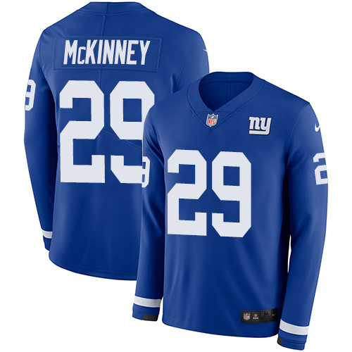 Nike Giants #29 Xavier McKinney Royal Blue Team Color Men's Stitched NFL Limited Therma Long Sleeve Jersey