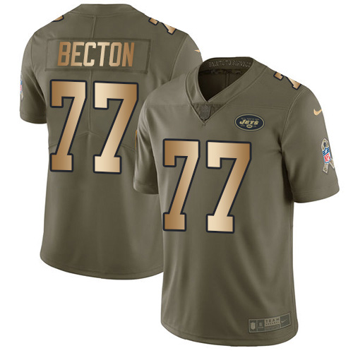 Nike Jets #77 Mekhi Becton Olive/Gold Men's Stitched NFL Limited 2017 Salute To Service Jersey