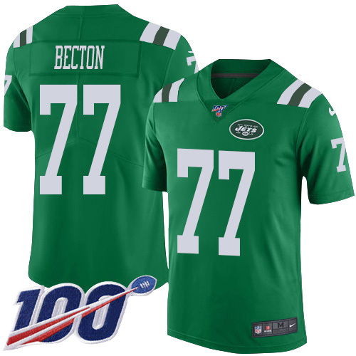 Nike Jets #77 Mekhi Becton Green Men's Stitched NFL Limited Rush 100th Season Jersey