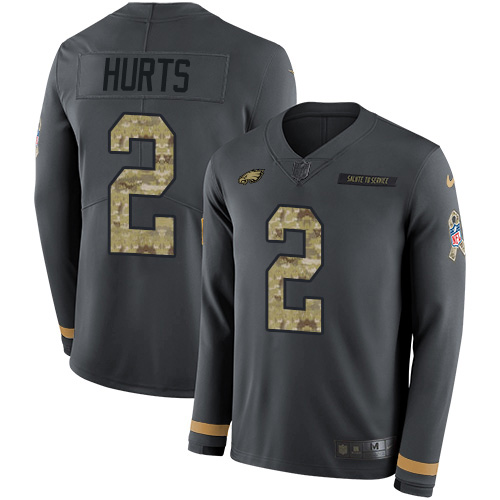 Nike Eagles #2 Jalen Hurts Anthracite Salute to Service Men's Stitched NFL Limited Therma Long Sleeve Jersey
