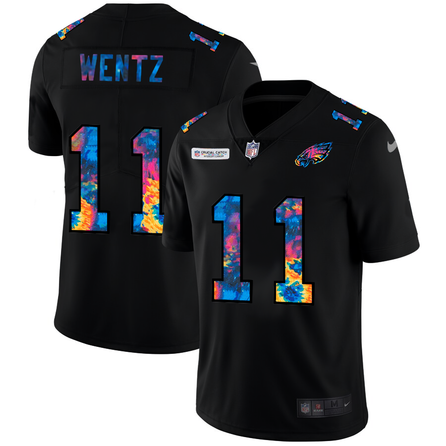 Philadelphia Eagles #11 Carson Wentz Men's Nike Multi-Color Black 2020 NFL Crucial Catch Vapor Untouchable Limited Jersey
