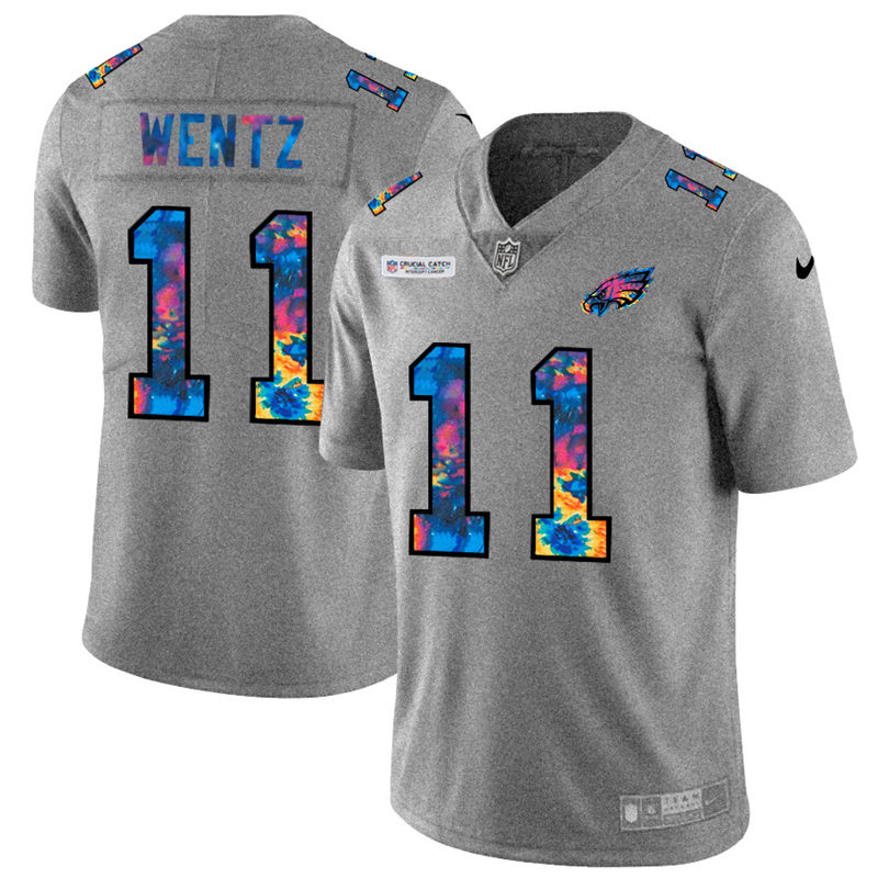 Philadelphia Eagles #11 Carson Wentz Men's Nike Multi-Color 2020 NFL Crucial Catch NFL Jersey Greyheather