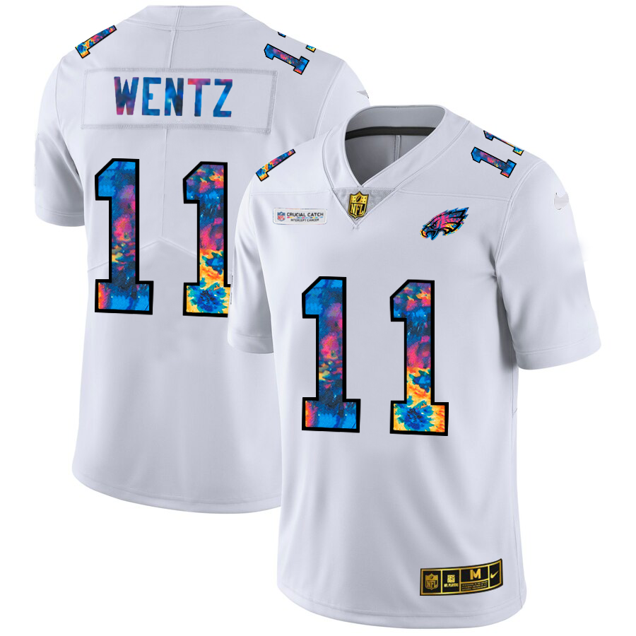 Philadelphia Eagles #11 Carson Wentz Men's White Nike Multi-Color 2020 NFL Crucial Catch Limited NFL Jersey
