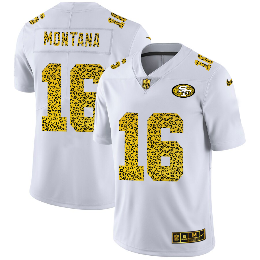 San Francisco 49ers #16 Joe Montana Men's Nike Flocked Leopard Print Vapor Limited NFL Jersey White