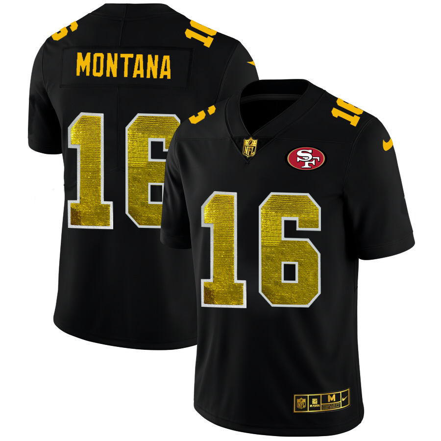 San Francisco 49ers #16 Joe Montana Men's Black Nike Golden Sequin Vapor Limited NFL Jersey