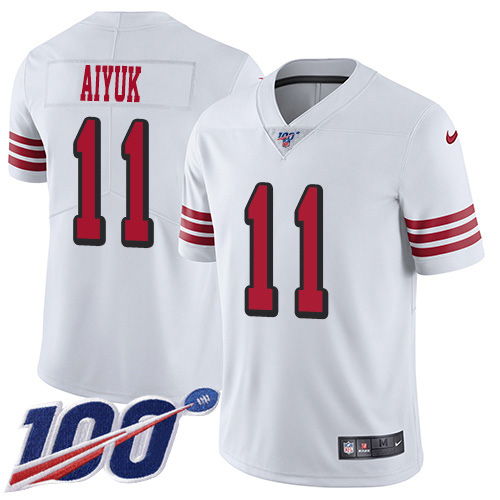 Nike 49ers #11 Brandon Aiyuk White Men's Stitched NFL Limited Rush 100th Season Jersey Nike 49ers #11 Brandon Aiyuk White Men's Stitched NFL Limited Rush 100th Season Jersey