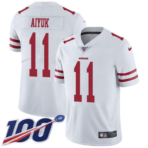 Nike 49ers #11 Brandon Aiyuk White Men's Stitched NFL 100th Season Vapor Untouchable Limited Jersey Nike 49ers #11 Brandon Aiyuk White Men's Stitched NFL 100th Season Vapor Untouchable Limited Jersey