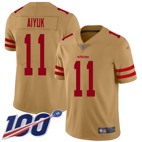 Nike 49ers #11 Brandon Aiyuk Gold Men's Stitched NFL Limited Inverted Legend 100th Season Jersey