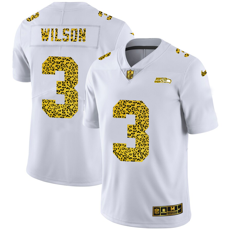Seattle Seahawks #3 Russell Wilson Men's Nike Flocked Leopard Print Vapor Limited NFL Jersey White