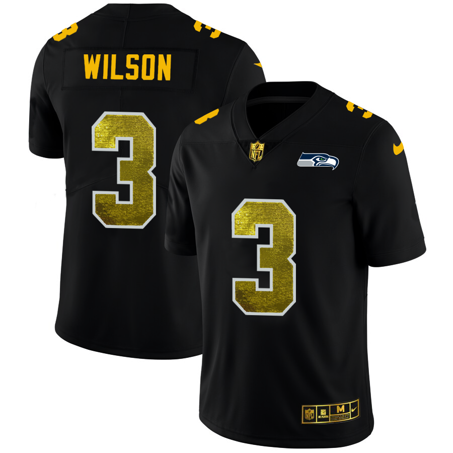 Seattle Seahawks #3 Russell Wilson Men's Black Nike Golden Sequin Vapor Limited NFL Jersey