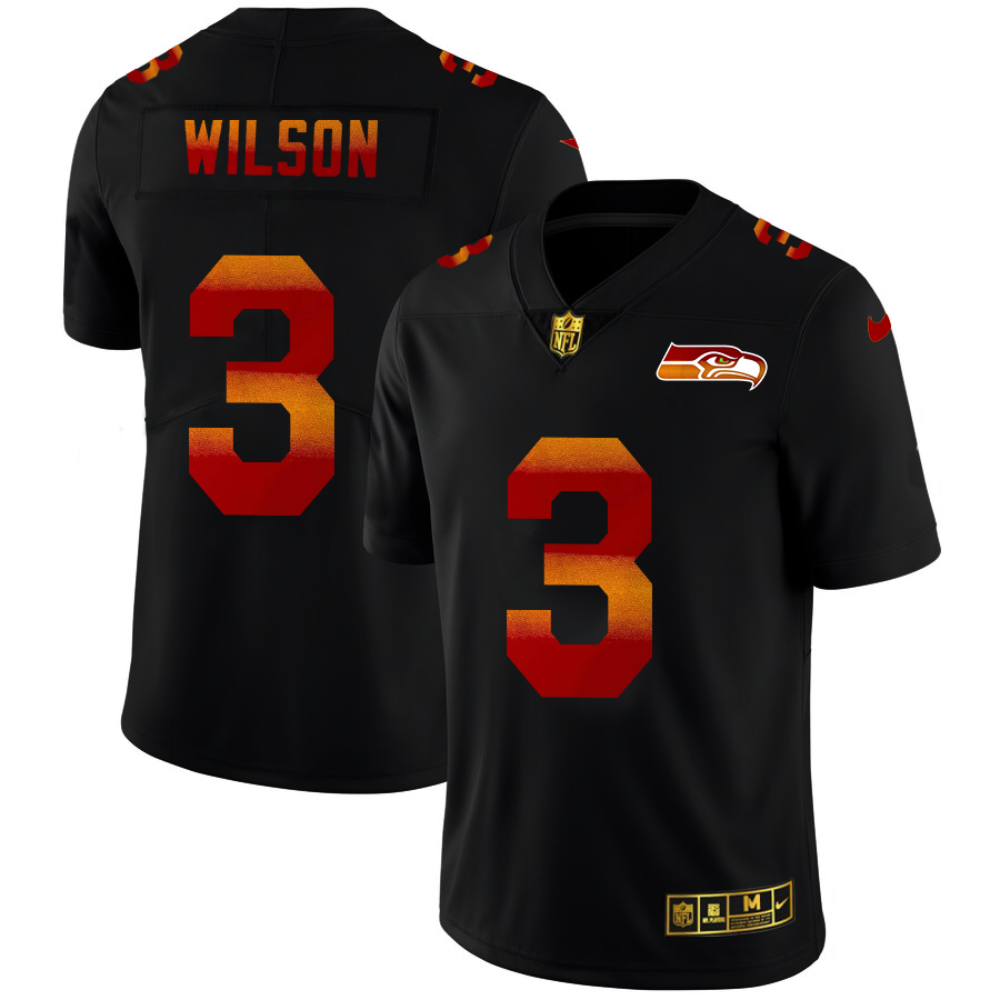 Seattle Seahawks #3 Russell Wilson Men's Black Nike Red Orange Stripe Vapor Limited NFL Jersey