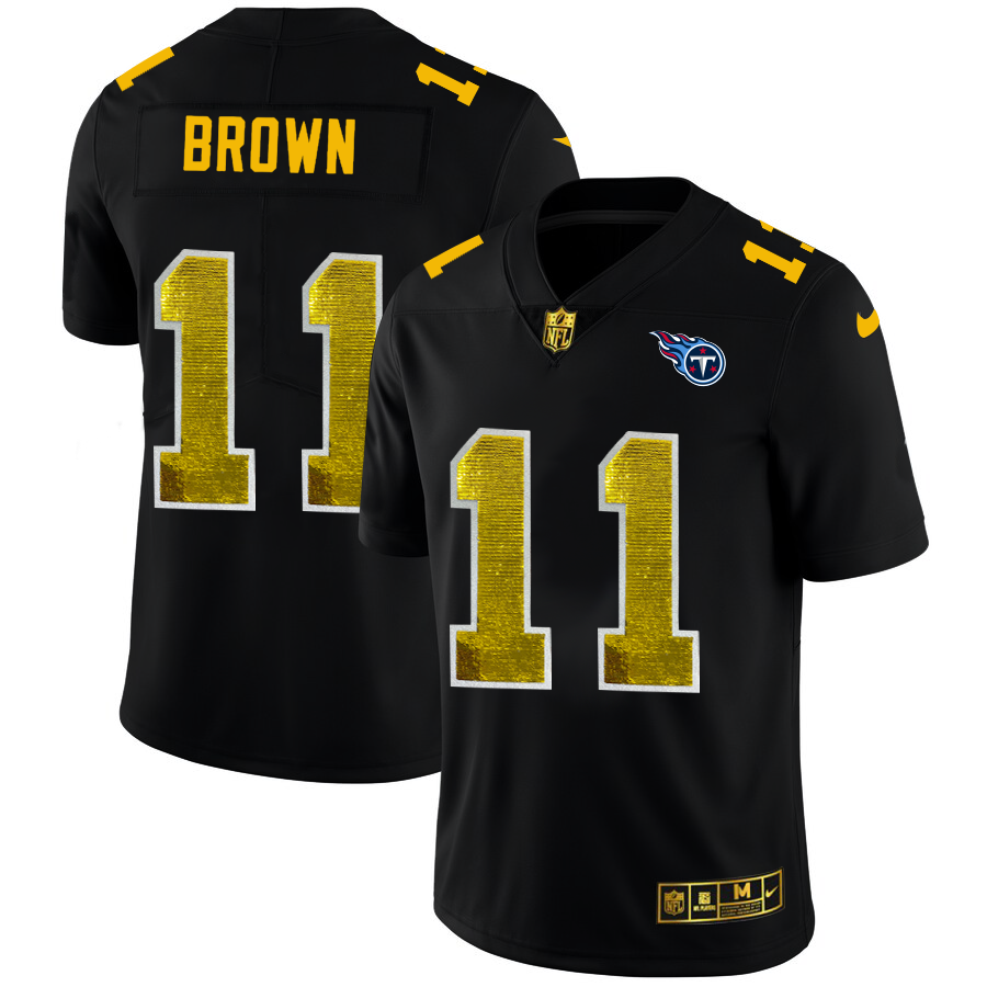 Tennessee Titans #11 A.J. Brown Men's Black Nike Golden Sequin Vapor Limited NFL Jersey