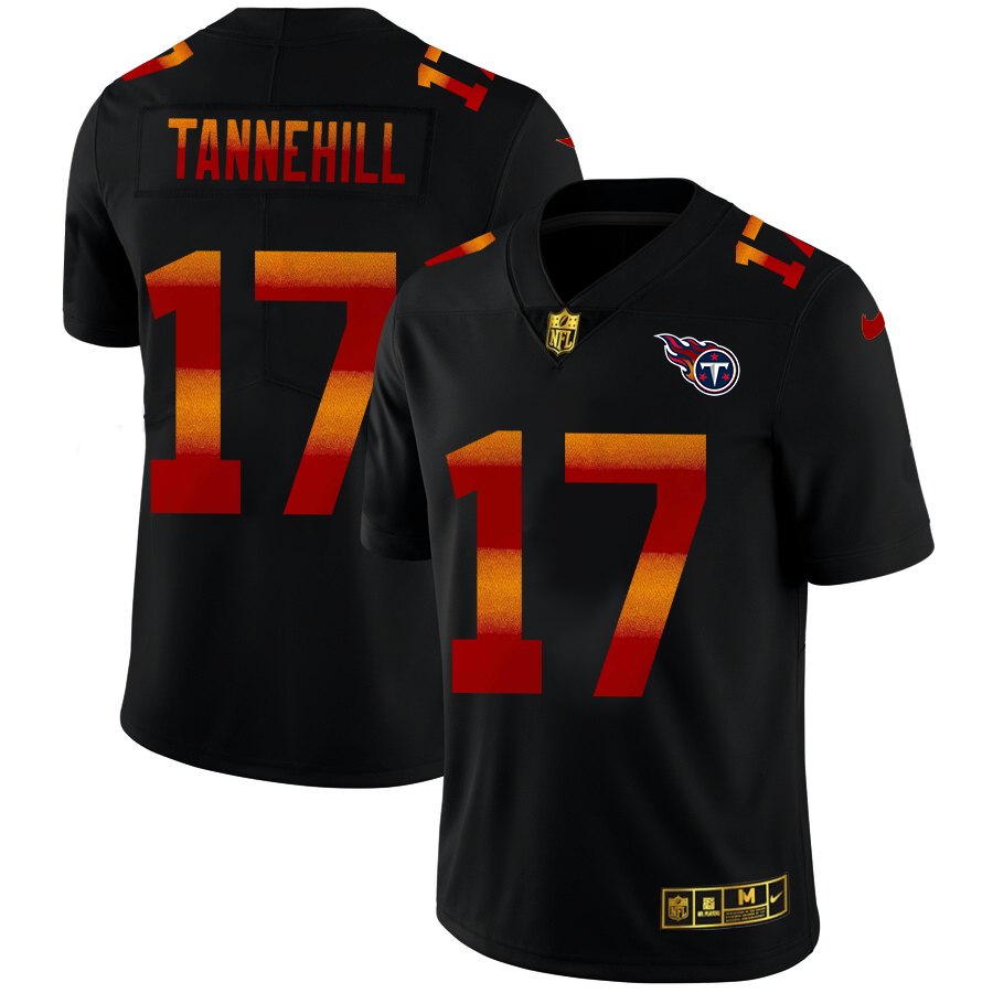 Tennessee Titans #17 Ryan Tannehill Men's Black Nike Red Orange Stripe Vapor Limited NFL Jersey