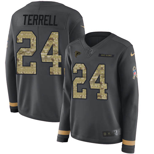 Nike Falcons #24 A.J. Terrell Anthracite Salute to Service Women's Stitched NFL Limited Therma Long Sleeve Jersey