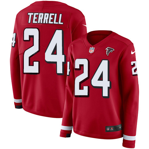 Nike Falcons #24 A.J. Terrell Red Team Color Women's Stitched NFL Limited Therma Long Sleeve Jersey