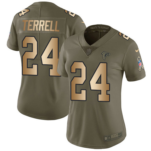 Nike Falcons #24 A.J. Terrell Olive/Gold Women's Stitched NFL Limited 2017 Salute To Service Jersey