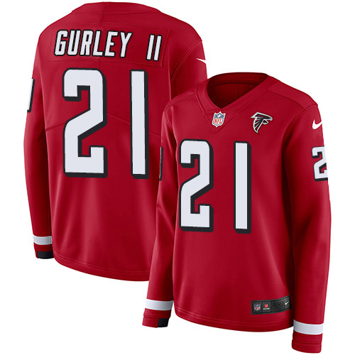 Nike Falcons #21 Todd Gurley II Red Team Color Women's Stitched NFL Limited Therma Long Sleeve Jersey