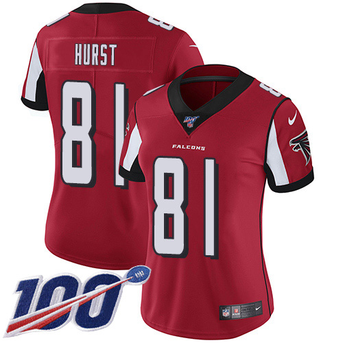 Nike Falcons #81 Hayden Hurst Red Team Color Women's Stitched NFL 100th Season Vapor Untouchable Limited Jersey