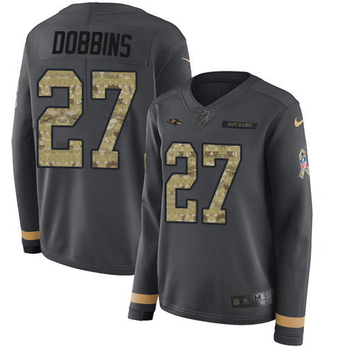 Nike Ravens #27 J.K. Dobbins Anthracite Salute to Service Women's Stitched NFL Limited Therma Long Sleeve Jersey