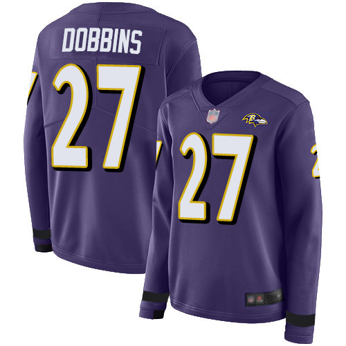Nike Ravens #27 J.K. Dobbins Purple Team Color Women's Stitched NFL Limited Therma Long Sleeve Jersey