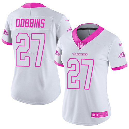 Nike Ravens #27 J.K. Dobbins White/Pink Women's Stitched NFL Limited Rush Fashion Jersey