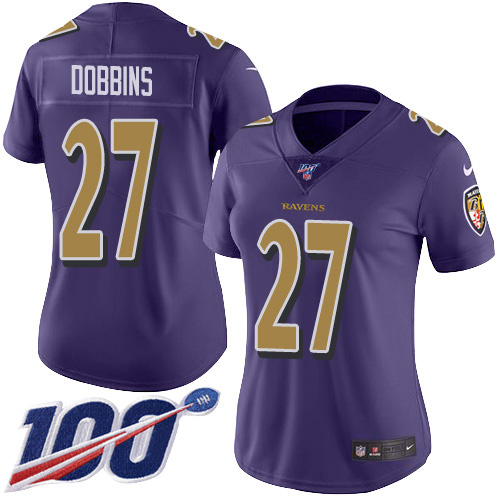 Nike Ravens #27 J.K. Dobbins Purple Women's Stitched NFL Limited Rush 100th Season Jersey