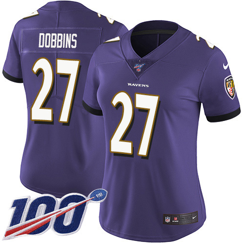 Nike Ravens #27 J.K. Dobbins Purple Team Color Women's Stitched NFL 100th Season Vapor Untouchable Limited Jersey