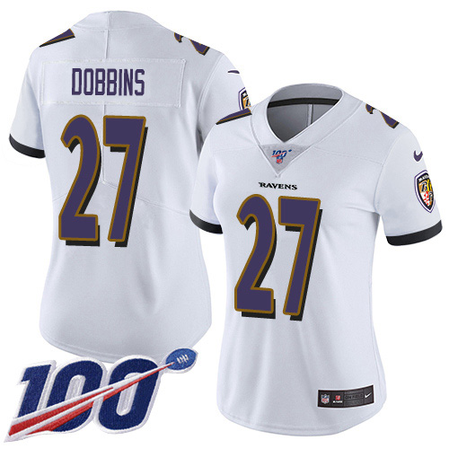 Nike Ravens #27 J.K. Dobbins White Women's Stitched NFL 100th Season Vapor Untouchable Limited Jersey