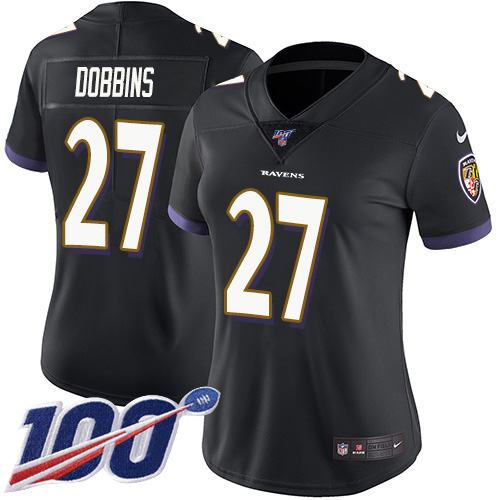 Nike Ravens #27 J.K. Dobbins Black Alternate Women's Stitched NFL 100th Season Vapor Untouchable Limited Jersey