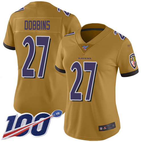 Nike Ravens #27 J.K. Dobbins Gold Women's Stitched NFL Limited Inverted Legend 100th Season Jersey