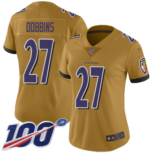 Nike Ravens #27 J.K. Dobbins Gold Women's Stitched NFL Limited Inverted Legend 100th Season Jersey Nike Ravens #27 J.K. Dobbins Gold Women's Stitched NFL Limited Inverted Legend 100th Season Jersey