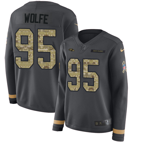 Nike Ravens #95 Derek Wolfe Anthracite Salute to Service Women's Stitched NFL Limited Therma Long Sleeve Jersey
