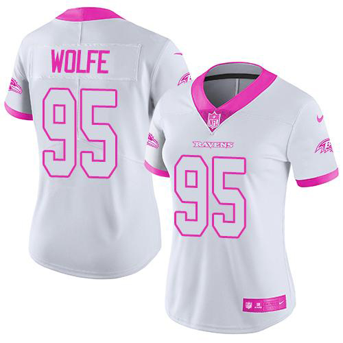 Nike Ravens #95 Derek Wolfe White/Pink Women's Stitched NFL Limited Rush Fashion Jersey